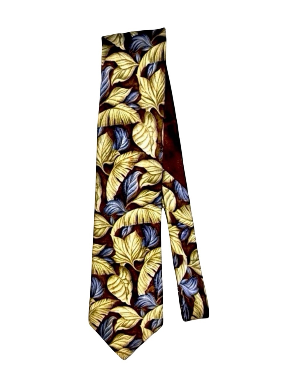 Bijan Tie | Made in Italy | Botanical Leaf Print | Brown Gold Blue | Lux Necktie